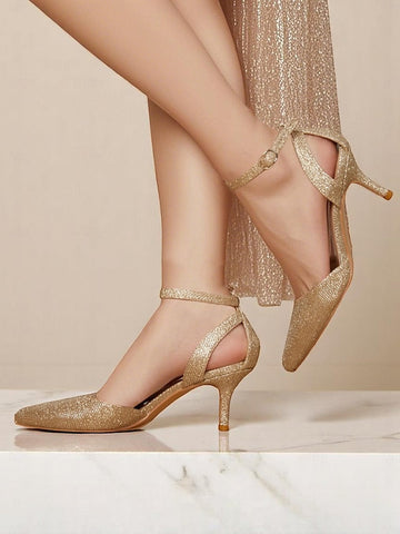 Glitter Heels Gold Ankle Strap Women's FashionChic