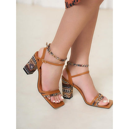 Patterned Strap Boho-Chic Textured with Block Women's Heels FashionChic
