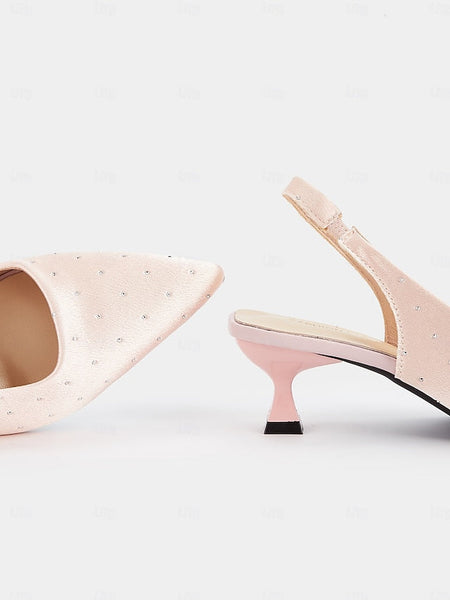 Satin Rhinestone Heels Women's with Kitten Studs Slingback FashionChic