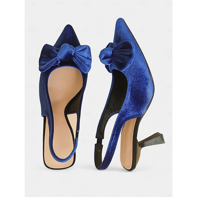 Bow Toe Blue with Heels Pointed Women's Slingback Velvet FashionChic