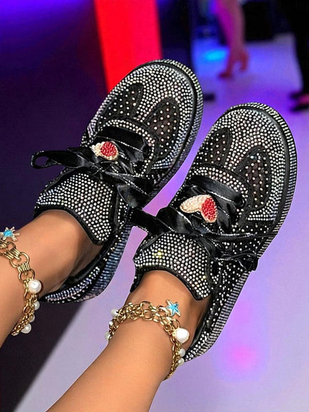 with Satin Laces Rhinestone Women's Sneakers Ribbon White FashionChic