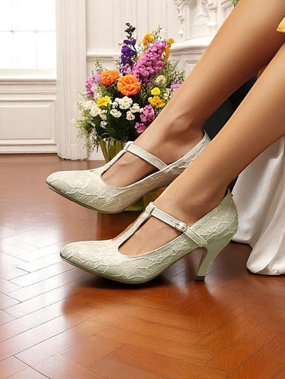 Vintage Women's Lace Heel Mid Ivory T-Strap Pumps-1920s FashionChic