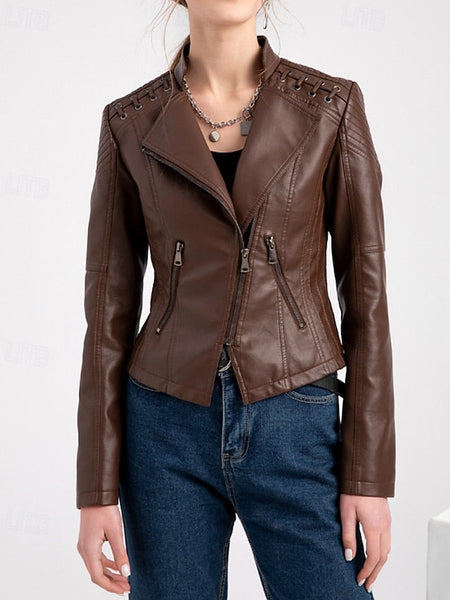 Women's Pocket Jacket Zipper Faux Leather Comfortable FashionChic