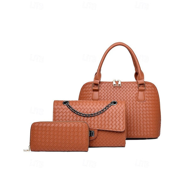 Handbag Set Brown Leather Women's Woven – 3-Piece Faux FashionChic