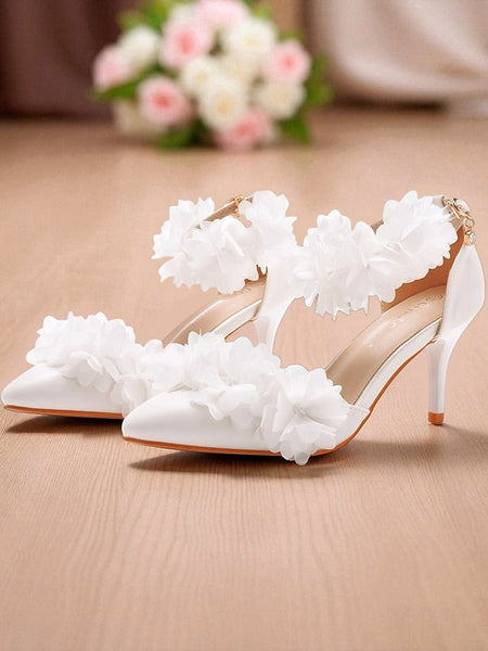 Women's Floral Heels Strap Ankle - Elegant White Pointed FashionChic