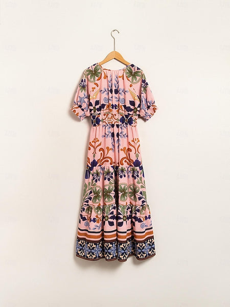 Floral Lace Up Elegant Short Sleeve Midi Dress