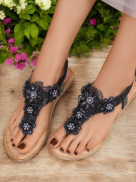 – Lace Women's Embellished Pink Floral Sandals T-Strap FashionChic