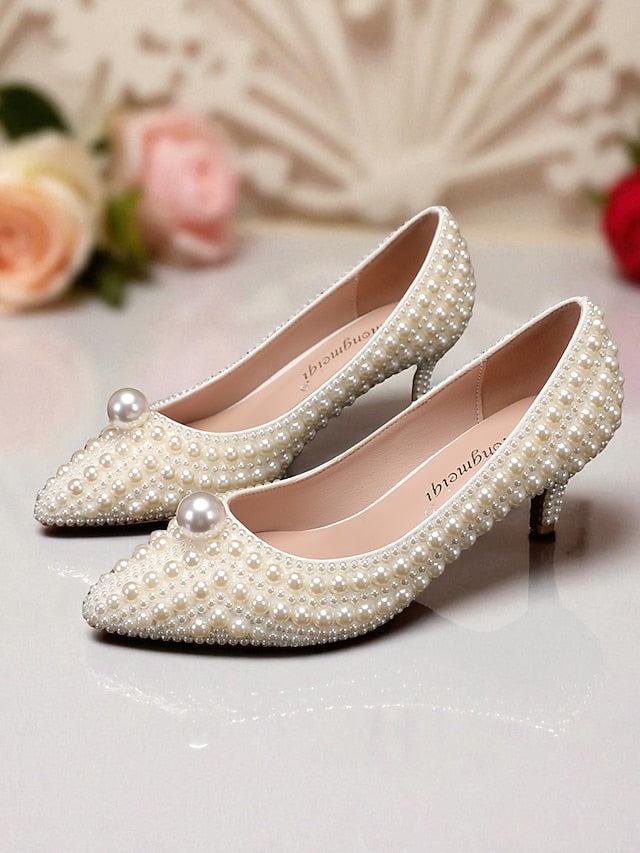 Heel Matching Kitten and Pearl-Embellished Pumps Women's FashionChic