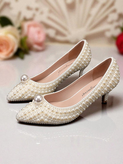Heel Matching Kitten and Pearl-Embellished Pumps Women's FashionChic