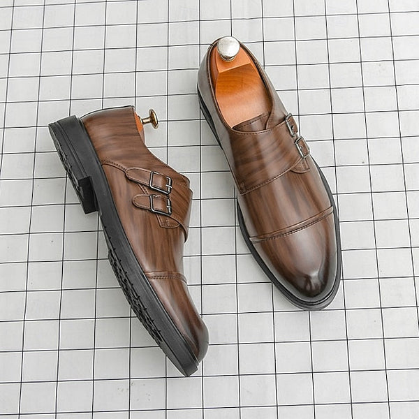 Brown Strap Dress Men's Monk Shoes – Faux Leather Double FashionChic