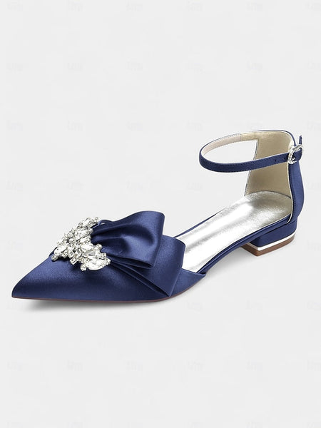 Bow with Pointed-Toe and Satin Rhinestone Ankle White Heels FashionChic