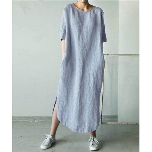 Women's Cotton Linen Midi Dress Shift Dress Summer Dress