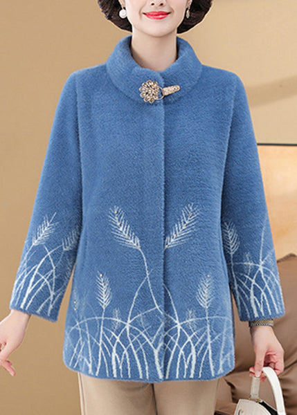 omen Blue Print Pockets Mink Velvet Coats Spring TA035