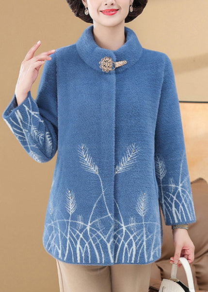 omen Blue Print Pockets Mink Velvet Coats Spring TA035