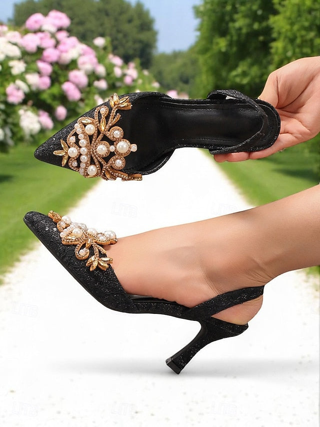Heels Pearl Detailing Women's Satin Black - Slingback with FashionChic