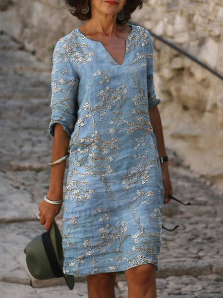 Women's Midi Dress Shift Dress Floral Print Split Neck FashionChic
