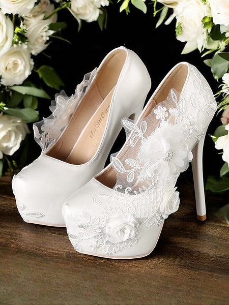 Lace White Wedding Shoes Embellishments Floral with FashionChic