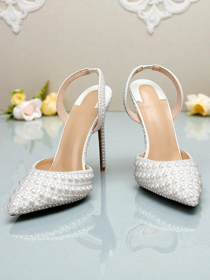 Women's Leather Pearl-Embellished - White Heels Slingback FashionChic
