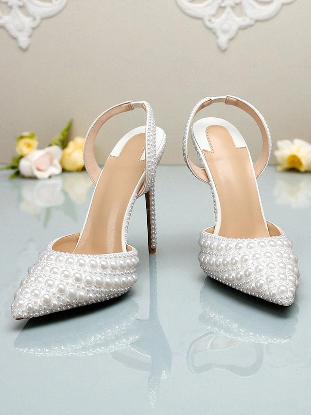 White Pearl-Embellished Slingback Heels Leather Women's - FashionChic