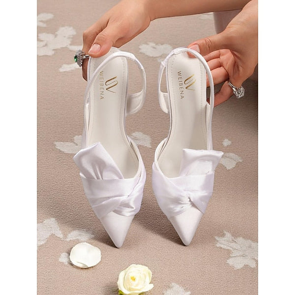 Satin Oversized Pink with Bow Heels Women's Slingback - FashionChic
