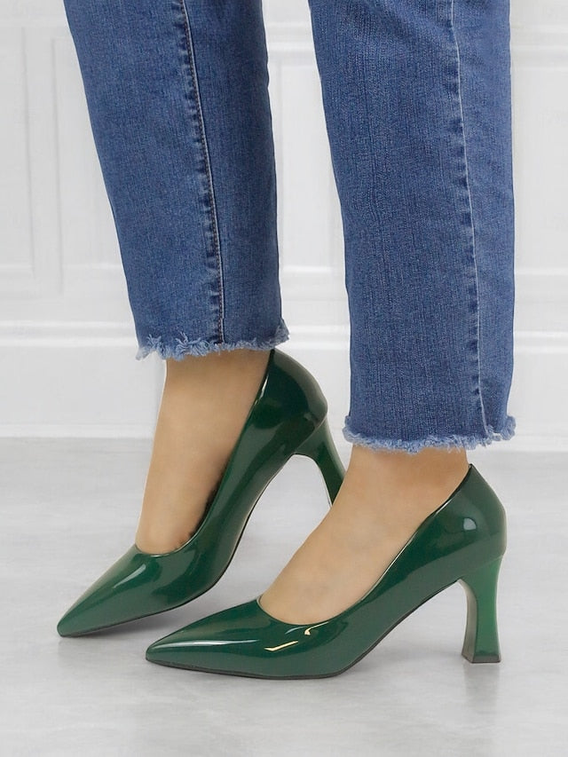 Pointed-Toe Glossy Patent Leather Heel Green Pumps Faux Block FashionChic
