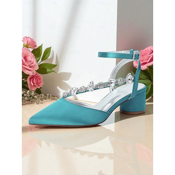 Purple Heel Pumps Women's Satin Block with Rhinestone FashionChic