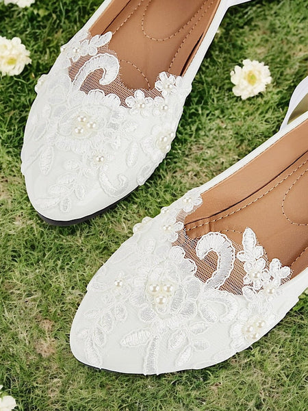 with Lace Shoes Ties - Ribbon Flats Wedding Elegant Bridal White FashionChic