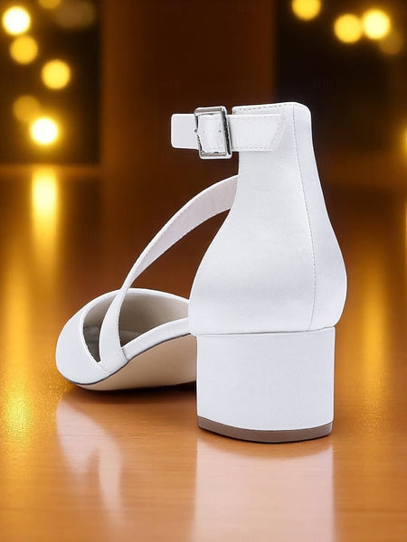 Women's Champagne Pointed Block Heels Satin Toe - FashionChic