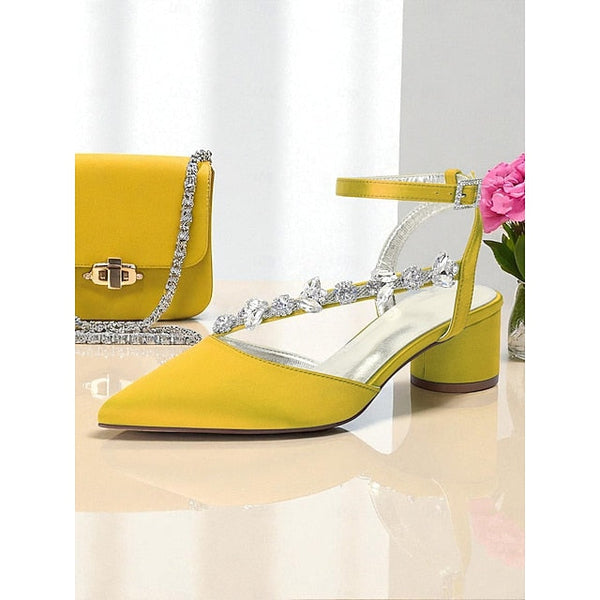 Purple Heel Pumps Women's Satin Block with Rhinestone FashionChic