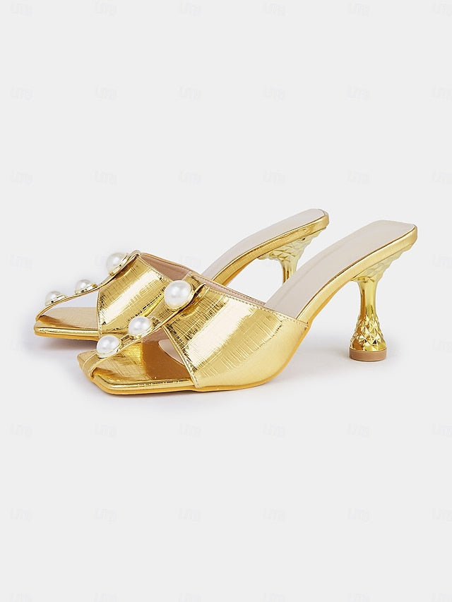 with Mules Women for Pearl Elegant – Gold Detailing Open-Toe FashionChic