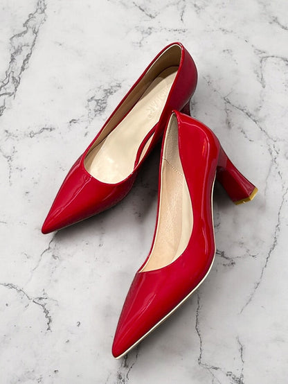 Pointed-Toe Glossy Patent Leather Heel Green Pumps Faux Block FashionChic