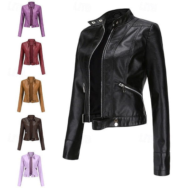 Women's Leather Faux Jacket Pocket Zipper Comfortable FashionChic