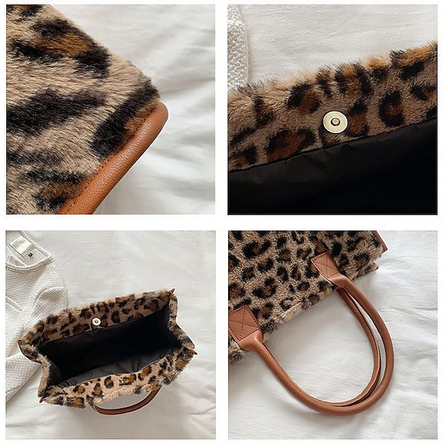 Tote Bag with Leather Faux Leopard Print Brown Women's Fur FashionChic