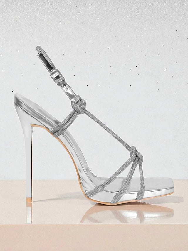 Toe Heels Stiletto with Rhinestone Women's Square Strappy FashionChic