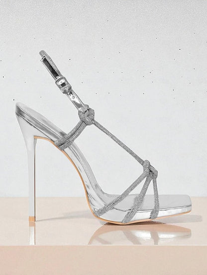 Toe Heels Stiletto with Rhinestone Women's Square Strappy FashionChic
