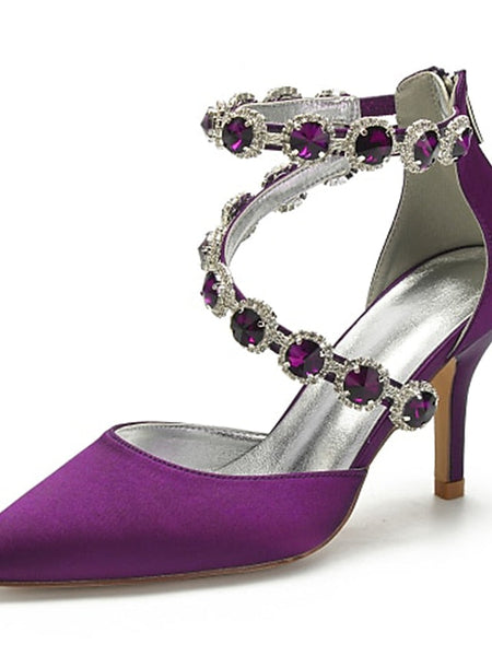 Purple Rhinestone Satin High Women's Shoes Heel with FashionChic