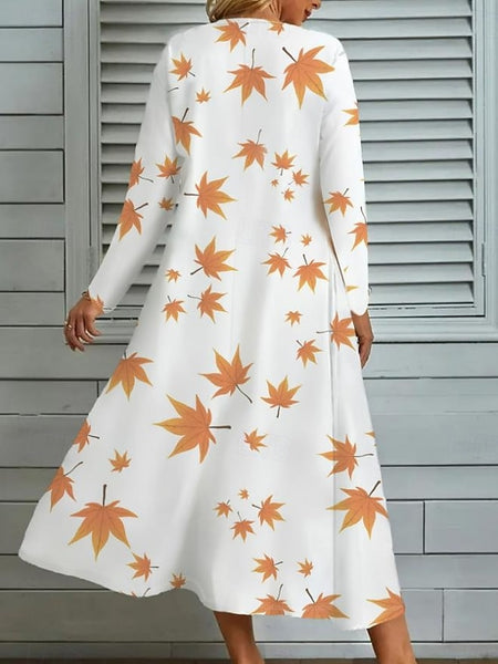 Women's Leaf Print V Neck Maxi Dress Long Sleeve Spring