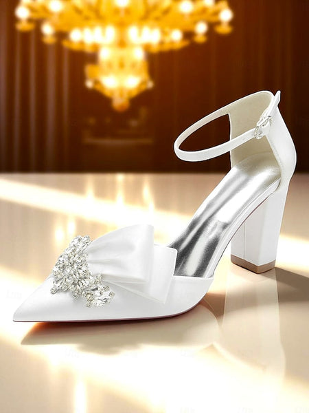 Block Crystal Pumps Bow Satin with Heel and Women's FashionChic