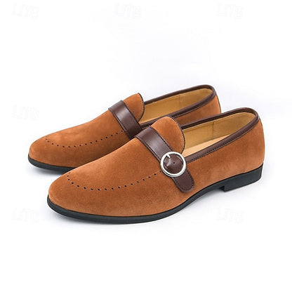 with Loafers Slip-On Suede Buckle Strap Brown Men's Faux FashionChic