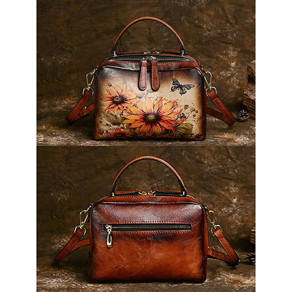 – Sunflower Print Vintage with Handbag Leather and Butterfly FashionChic