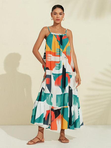Rainbow Nature Landscape Trim Cami Midi Chiffon Dress