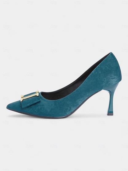 Teal Elegant Pointed - Heel Women's Pumps Toe Velvet Kitten FashionChic
