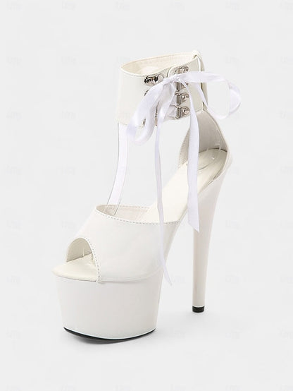 Lace-Up Sandals Ankle Straps Black with Leather Platform Patent FashionChic