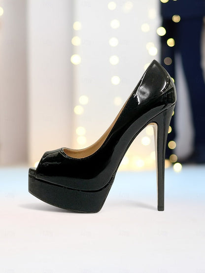 High Platform Black Patent Heels Peep Toe Leather Women's FashionChic