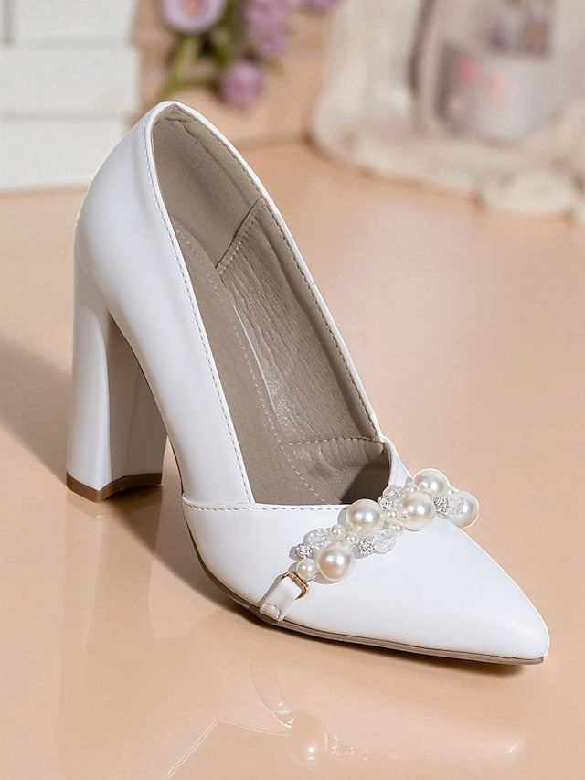 Decor Heel Women's Pearl Pumps White Block FashionChic