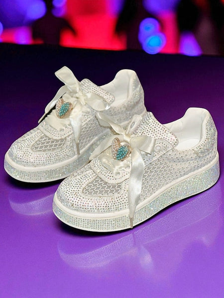 with Satin Laces Rhinestone Women's Sneakers Ribbon White FashionChic