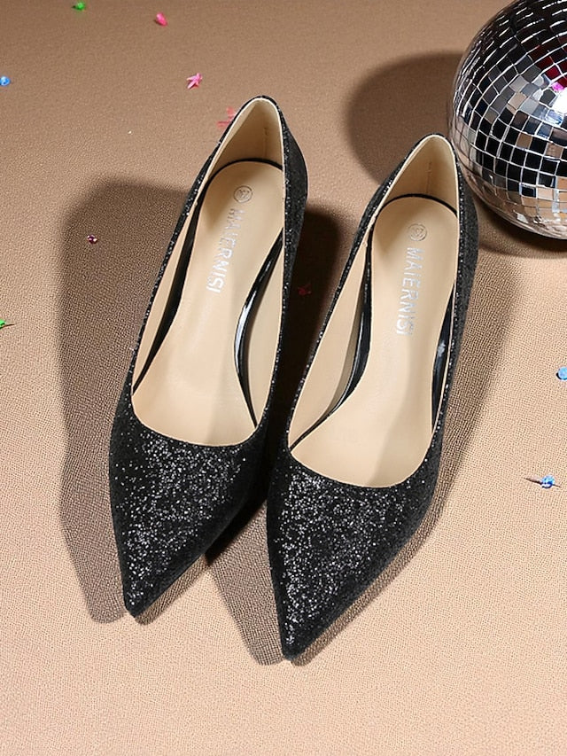 Sparkly Pumps Stiletto Pointed-Toe - Women's Glitter Gold FashionChic