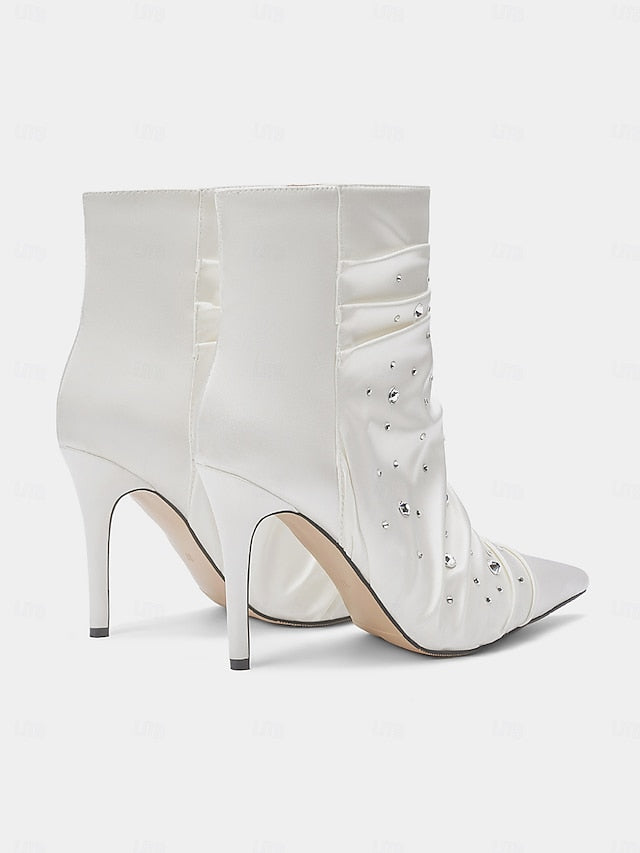 Boots with Satin Women's Ankle Rhinestone White FashionChic