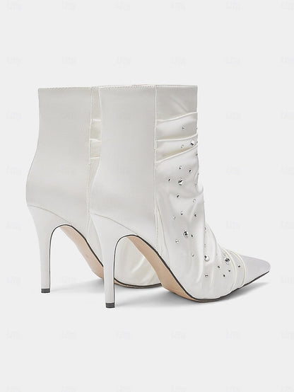 Boots with Satin Women's Ankle Rhinestone White FashionChic