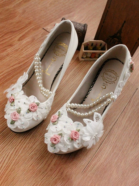 White Embellished Heel Floral for Pearl Bridal Strap Shoes Low FashionChic